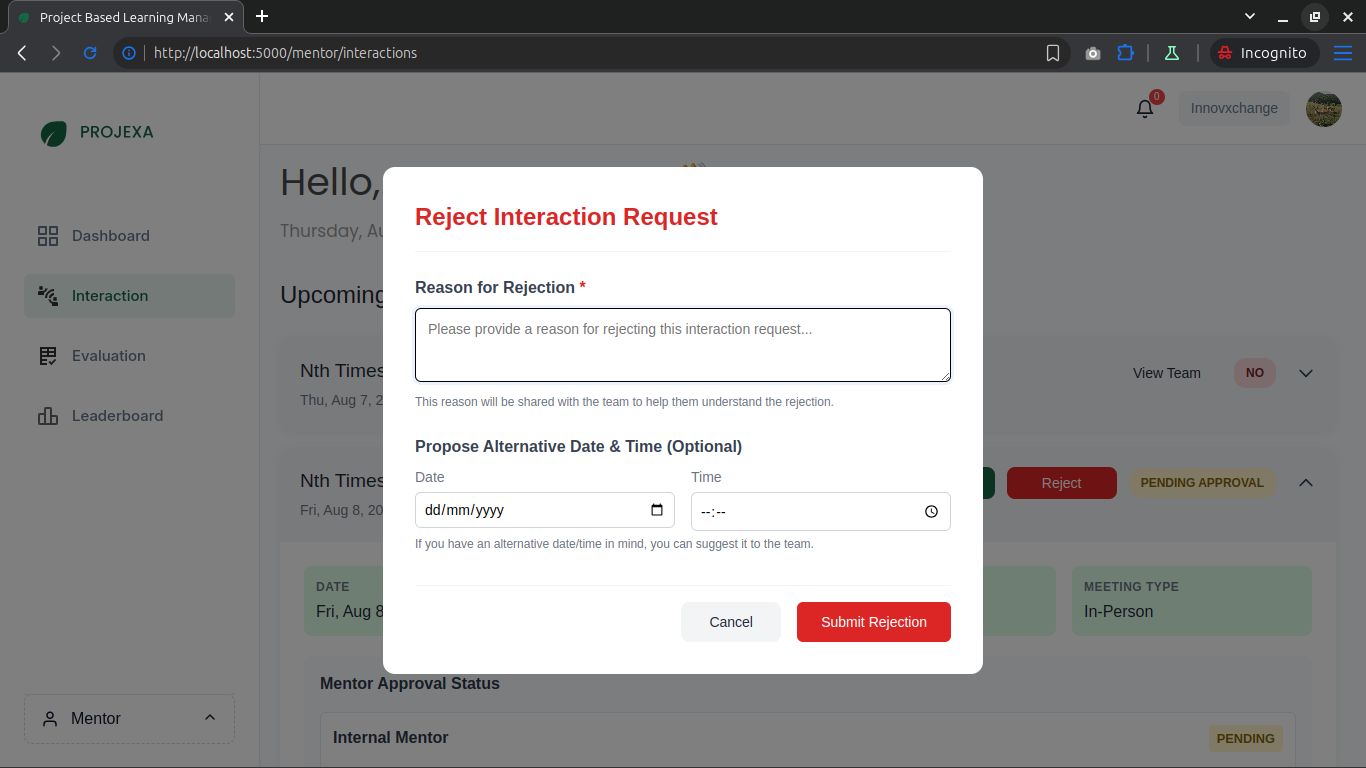 Projexa LMS Interaction Reschedule